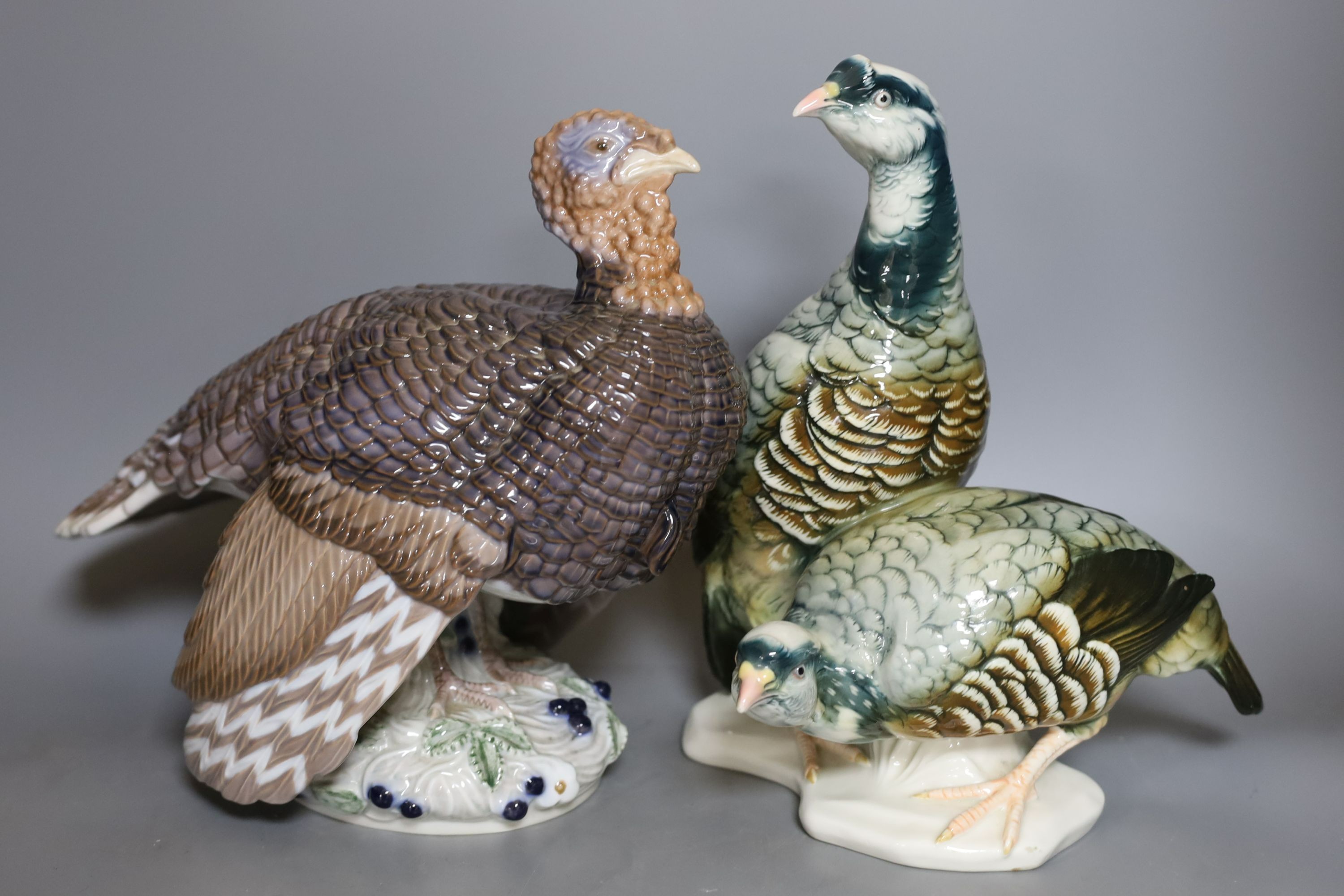 A Rosenthal porcelain model of two guinea fowl, impressed model number 205, a Bing & Grondahl limited edition model of a turkey, no.31 of 750, model 2426 or 2727, a Royal Dux porcelain model a heron and a Karl Ens group